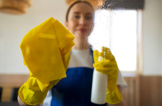 Cleaning services with woman cleaning windows